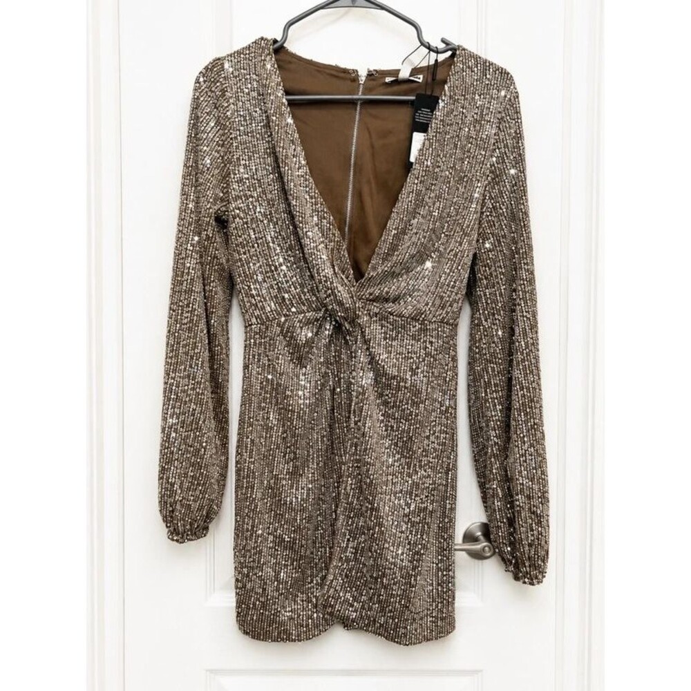 Fashion Nova Sugar Free Silver Sequin Long Sleeve Mini Dress Size Small NWT